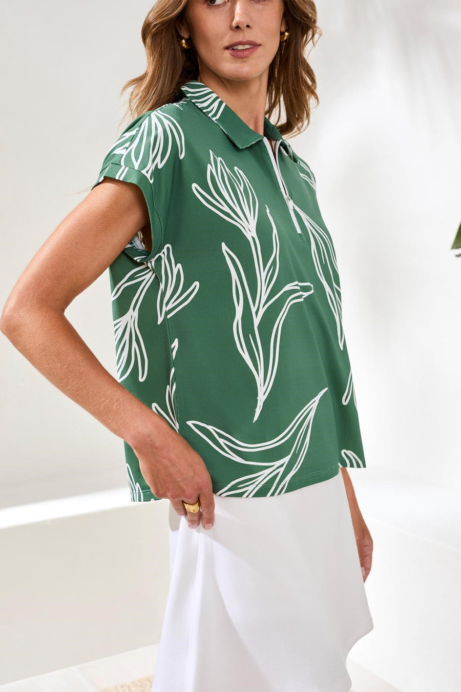 GREENERY PRINT UPF 50+ ZIP POLO
