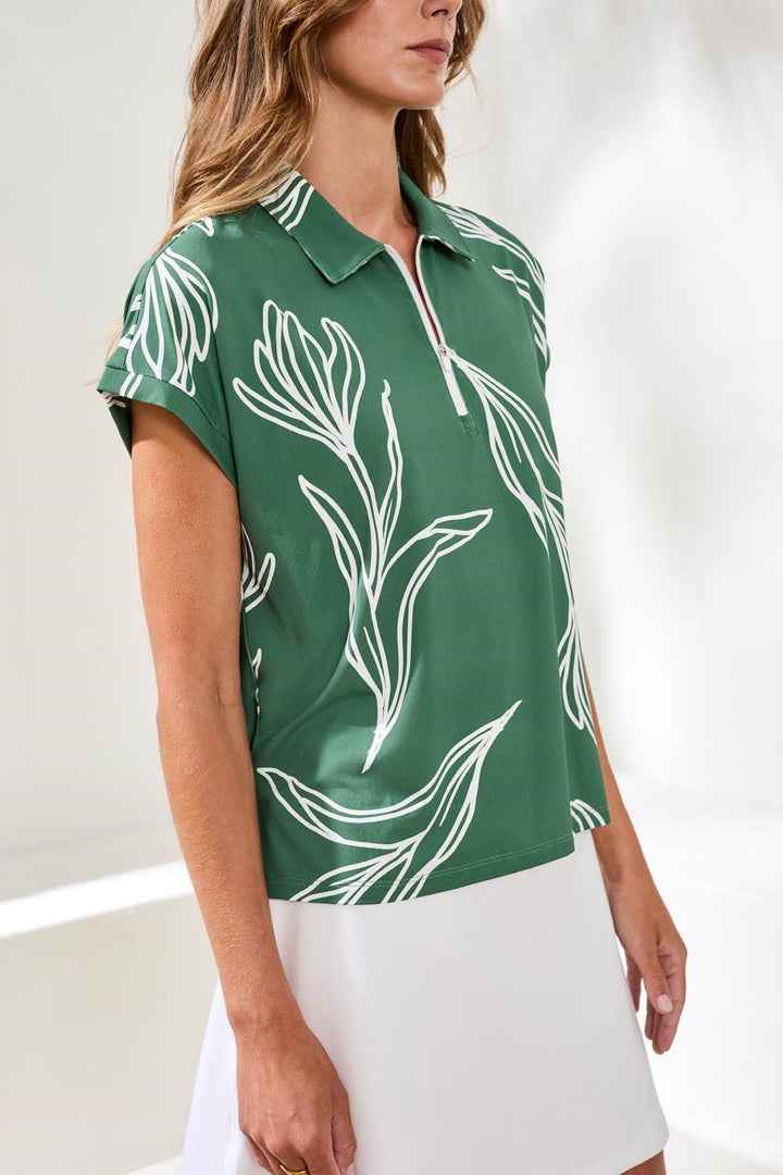 GREENERY PRINT UPF 50+ ZIP POLO