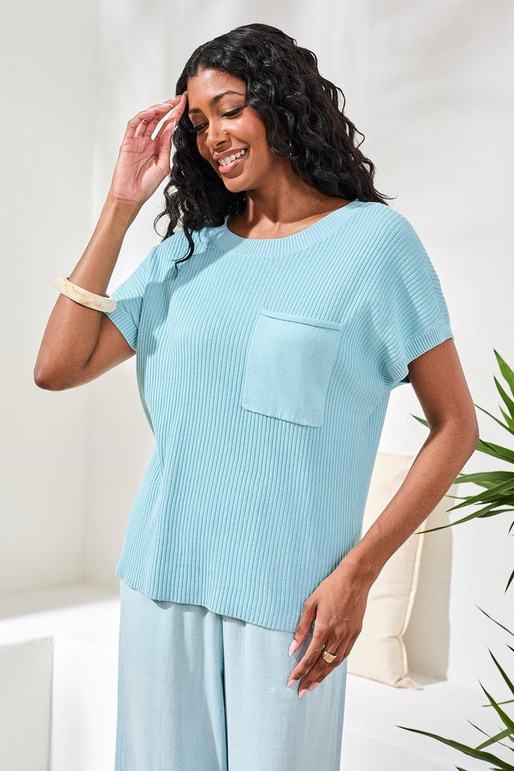 AQUA SKY SHORT SLEEVE POCKET SWEATER