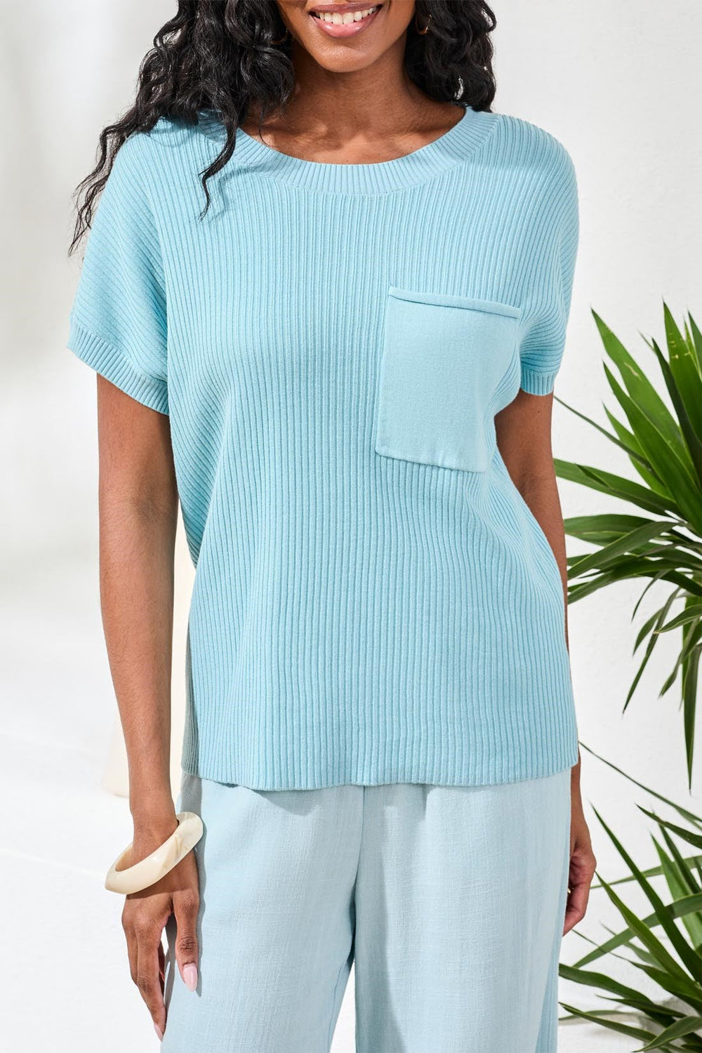 AQUA SKY SHORT SLEEVE POCKET SWEATER
