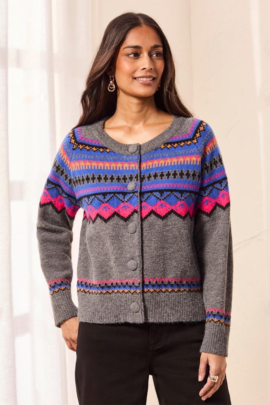 CHARCOAL FAIR ISLE BUTTON FRONT CARDIGAN
