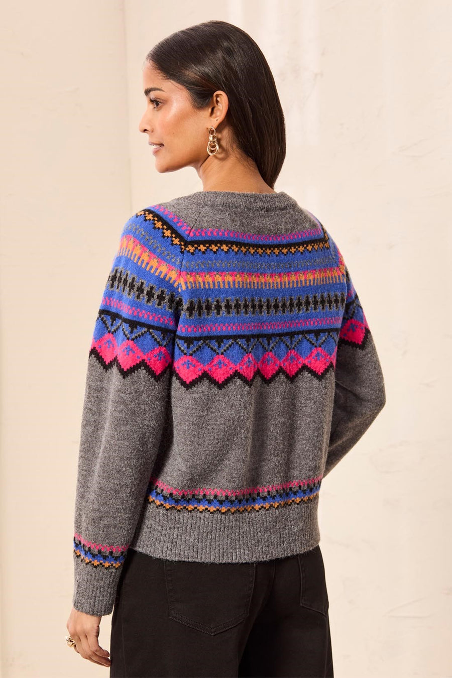 CHARCOAL FAIR ISLE BUTTON FRONT CARDIGAN