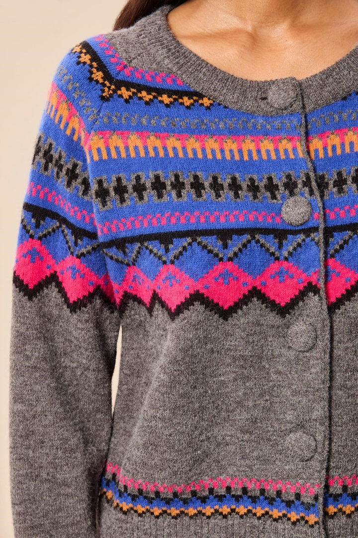 CHARCOAL FAIR ISLE BUTTON FRONT CARDIGAN