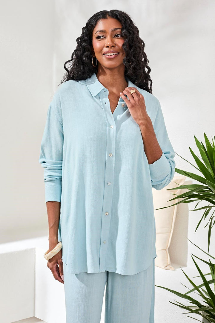 AQUA SKY FLOWY LINEN LONG SLEEVE SHIRT
