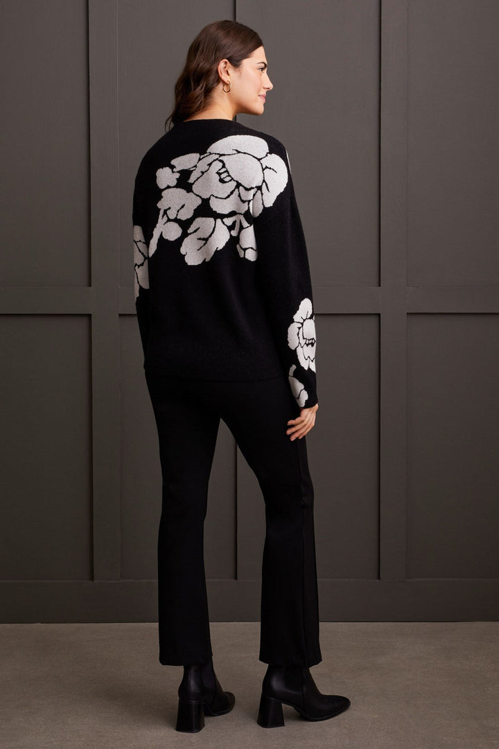 BLACK & WHITE FLORAL JACQUARD KNIT SWEATER