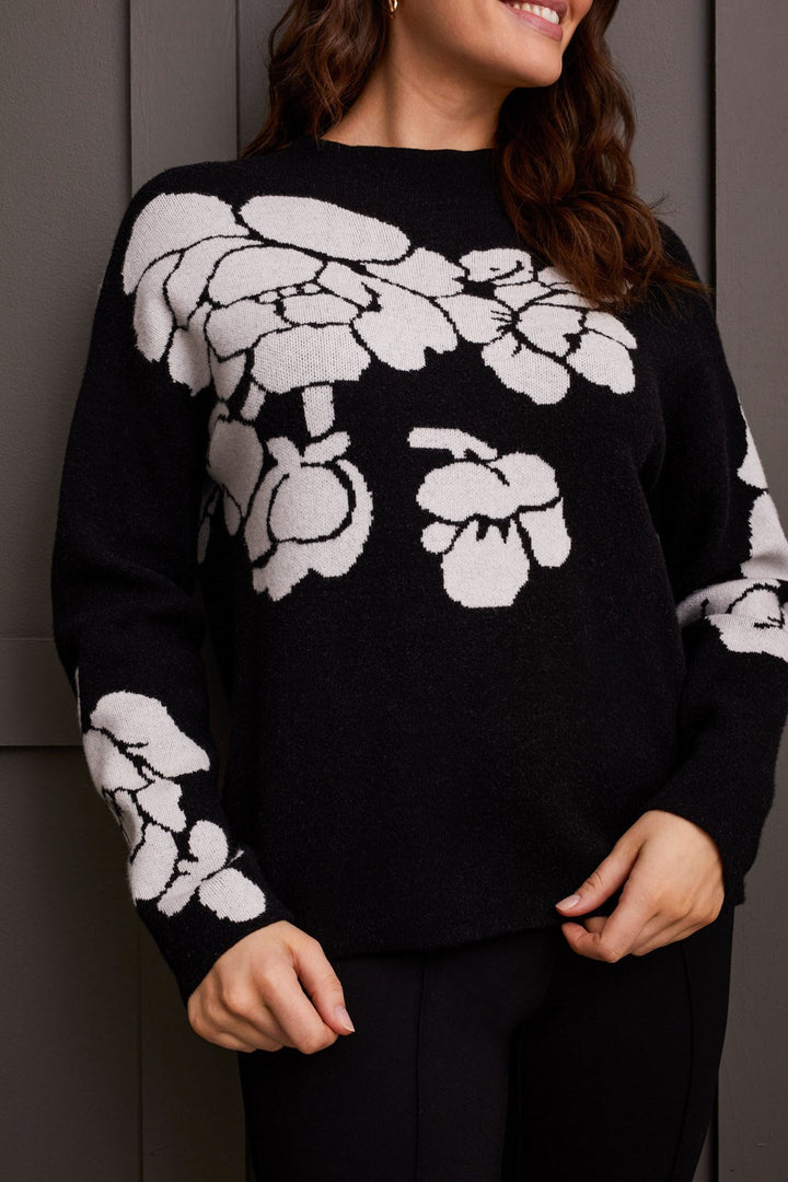 BLACK & WHITE FLORAL JACQUARD KNIT SWEATER