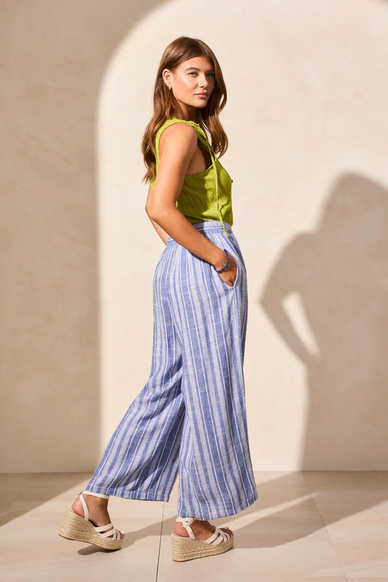 BLUE LINEN STRIPE FLOWY PANTS
