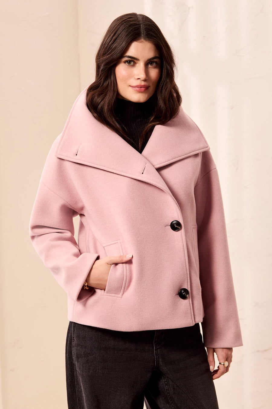 PINK FROST LOFTY CHIC FUNNEL NECK BUTTON FRONT JACKET