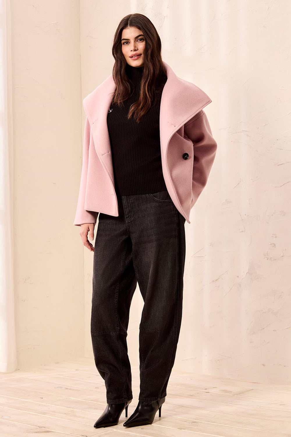 PINK FROST LOFTY CHIC FUNNEL NECK BUTTON FRONT JACKET
