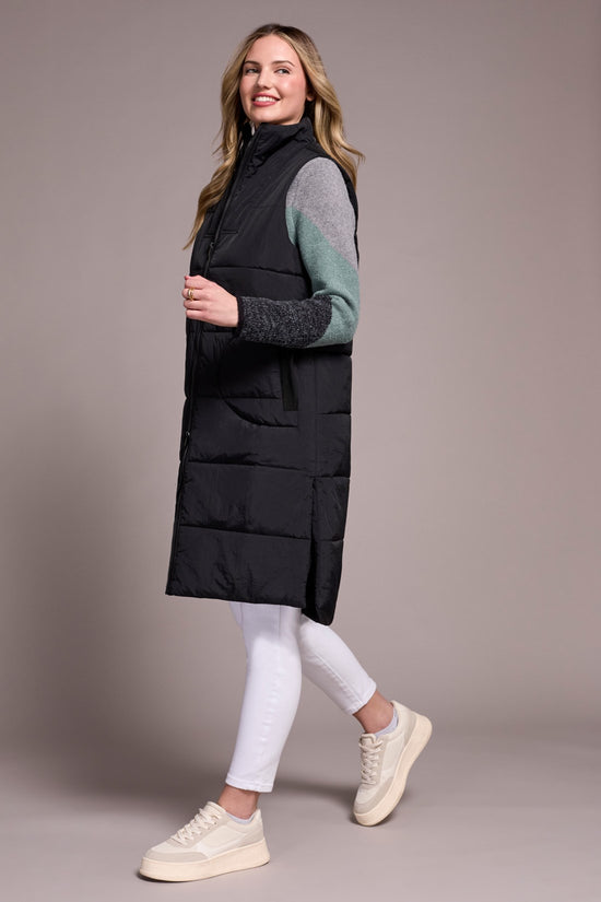 BLACK LONG ZIP-FRONT QUILTED VEST
