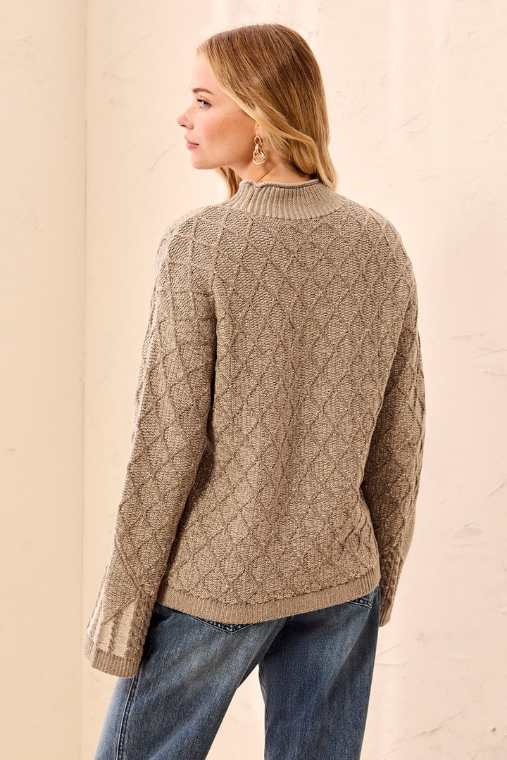 DRY SAND MIXED CABLE MOCK NECK SWEATER