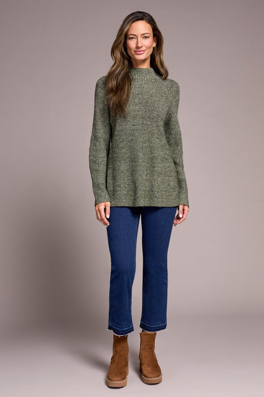 HEATHERED SPRUCE MOCK NECK SWEATER WITH SIDE SLITS
