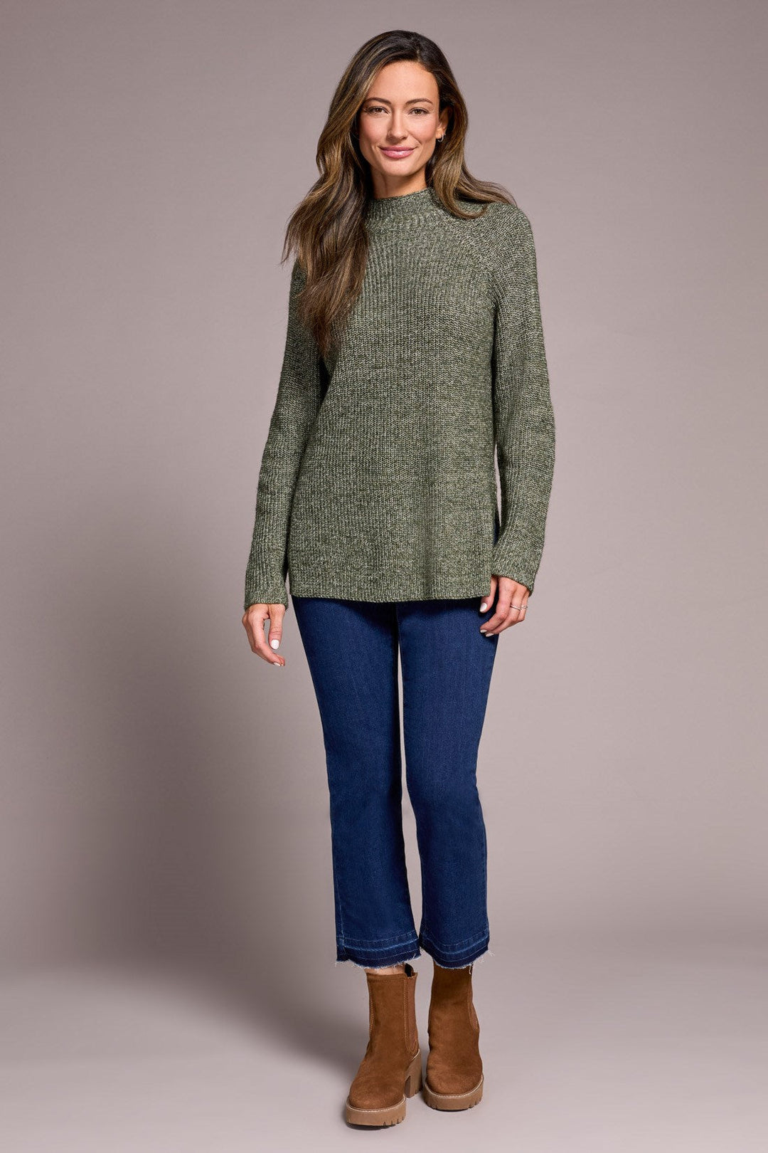 HEATHERED SPRUCE MOCK NECK SWEATER WITH SIDE SLITS