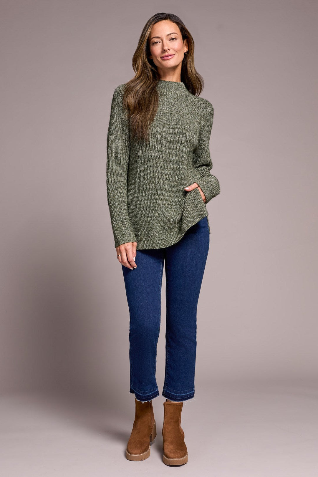 HEATHERED SPRUCE MOCK NECK SWEATER WITH SIDE SLITS