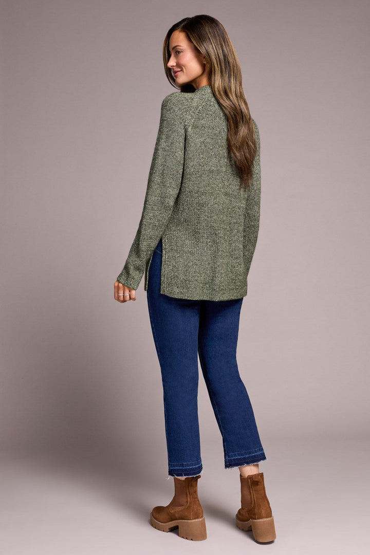 HEATHERED SPRUCE MOCK NECK SWEATER WITH SIDE SLITS