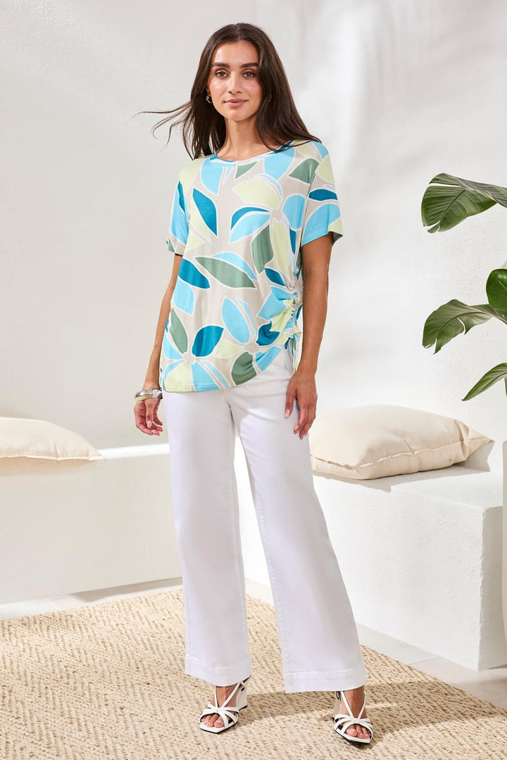 AQUA SKY SHORT SLEEVE LEAF PRINT KNIT TOP