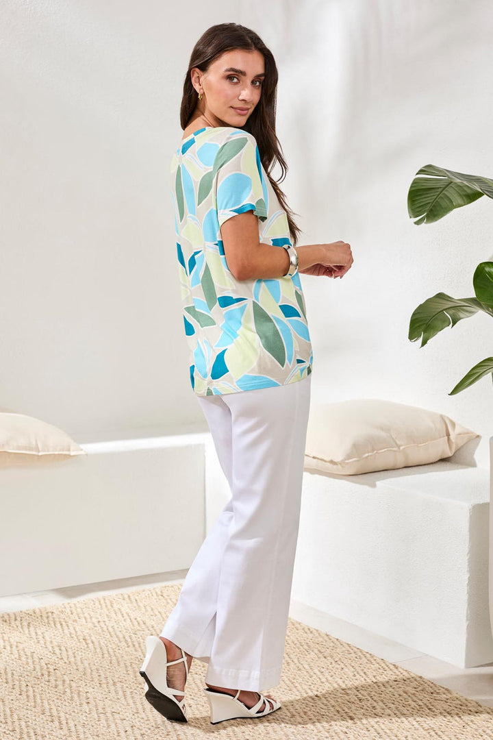 AQUA SKY SHORT SLEEVE LEAF PRINT KNIT TOP