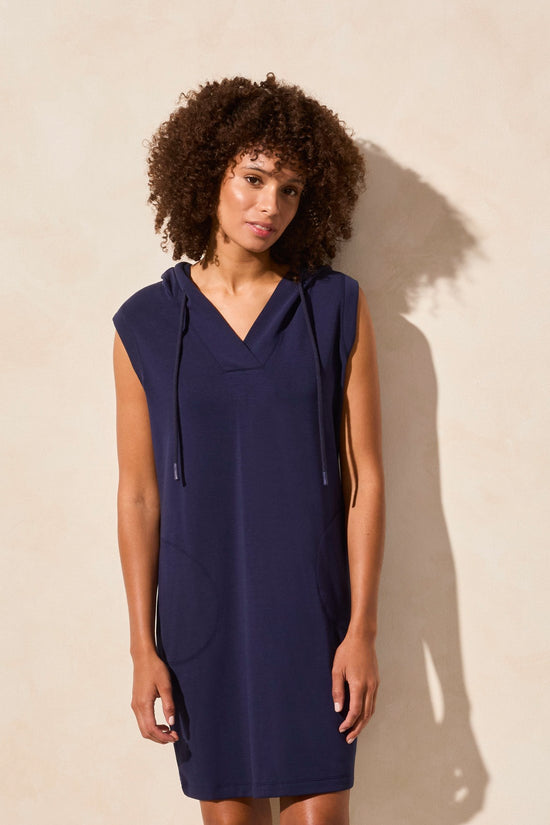 JET BLUE SLEEVELESS HOODED DRESS