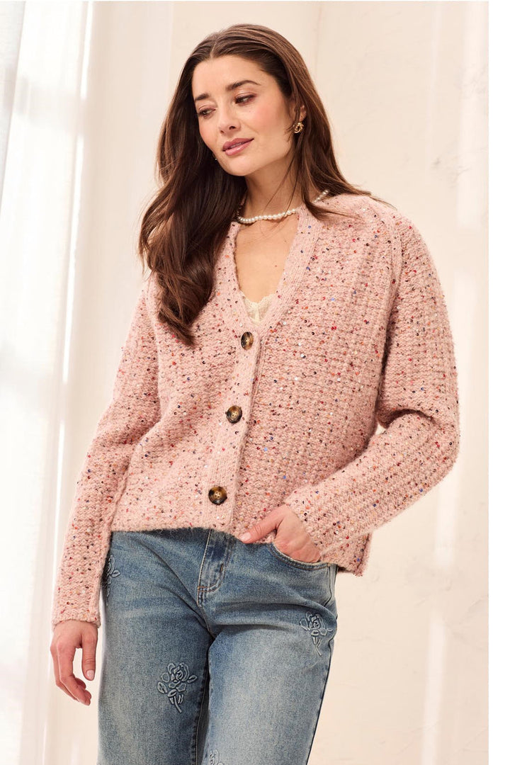MACARON PINK TWEED SEQUIN SWEATER CARDIGAN