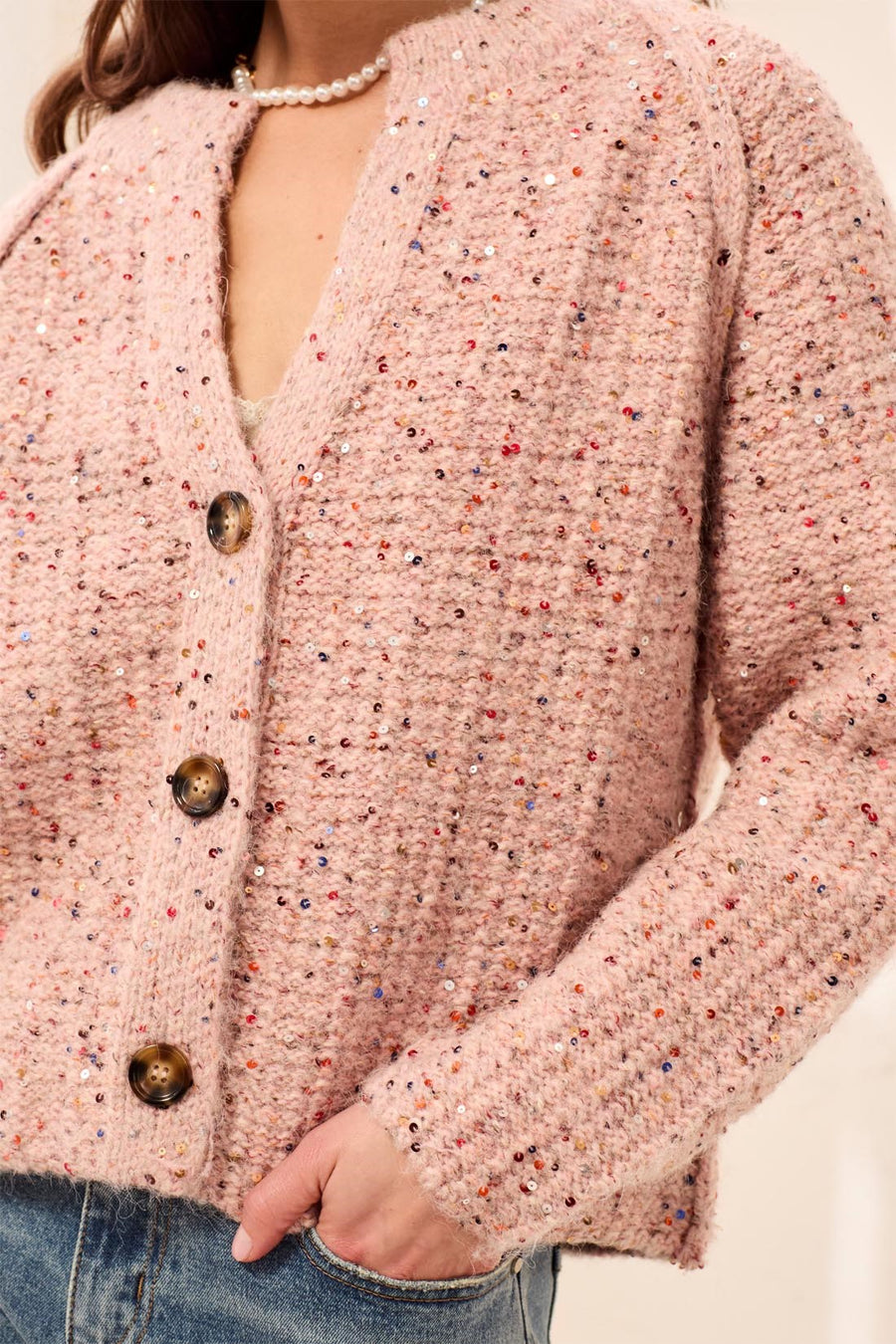 MACARON PINK TWEED SEQUIN SWEATER CARDIGAN