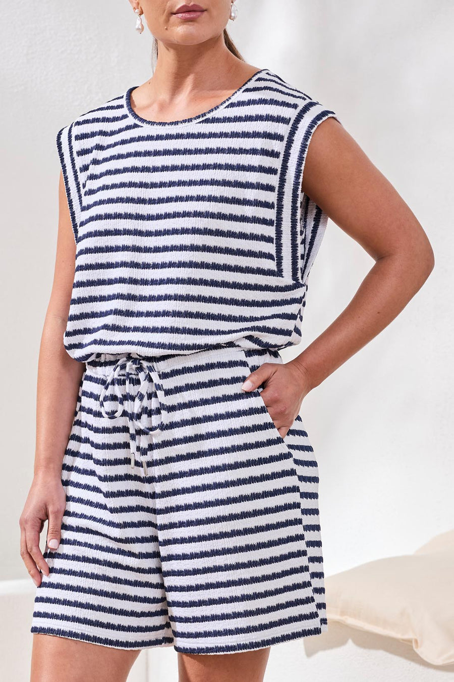 JET BLUE STRIPE TERRY CLOTH ROMPER