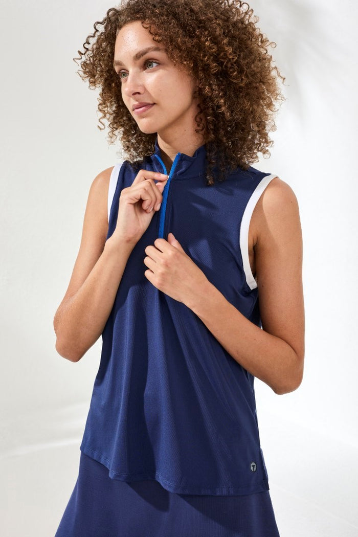 JET BLUE SLEEVELESS MOCK ZIP TOP
