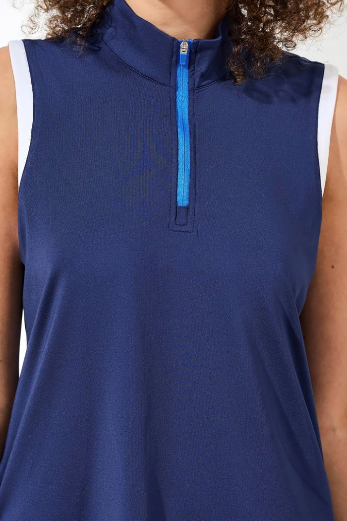 JET BLUE SLEEVELESS MOCK ZIP TOP