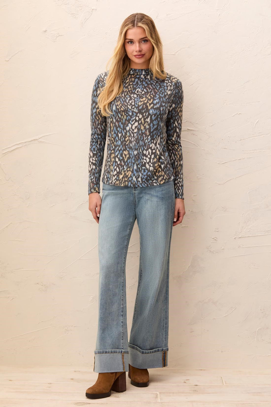 SATINSKY ANIMAL PRINT SOFT KNIT FUNNEL NECK TOP