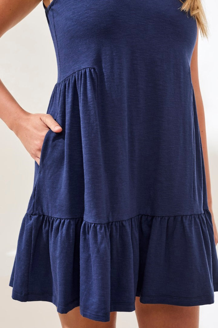 JET BLUE SLEEVELESS V NECK SLUB KNIT DRESS