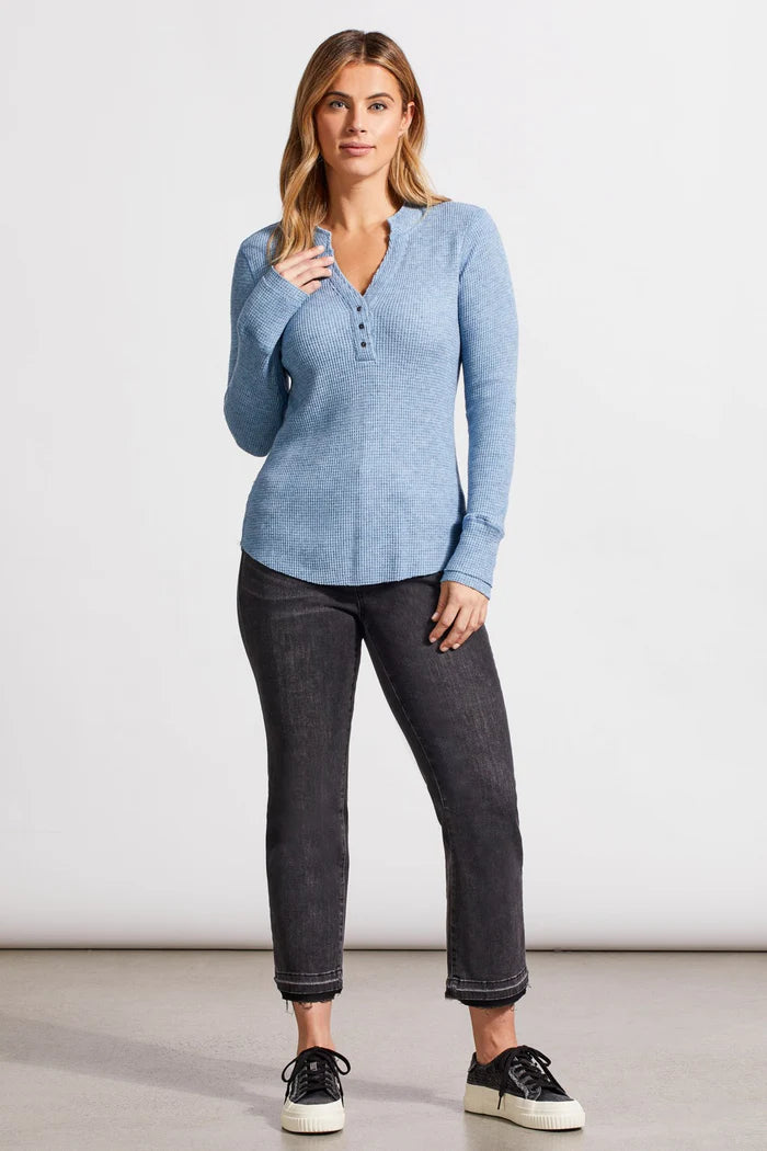 HEATHER BLUE JAY BUTTON HENLEY TOP
