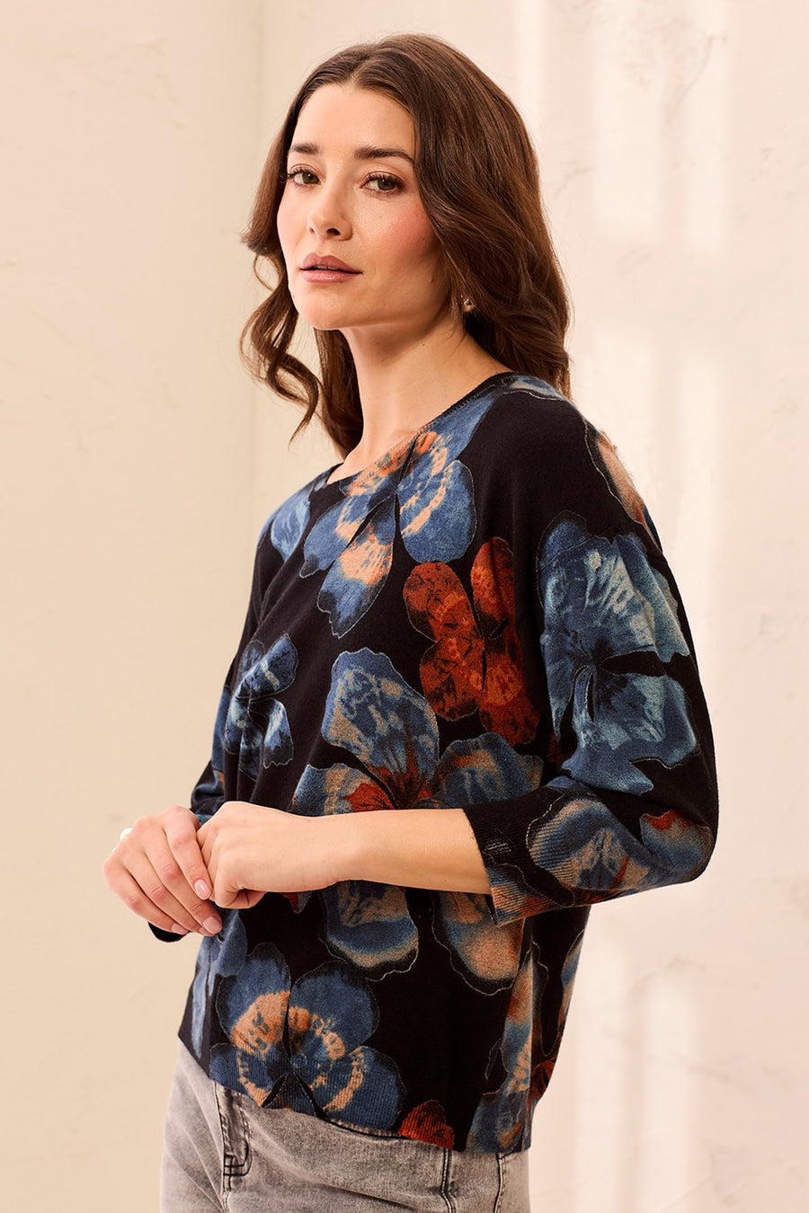 MAPLE FLORAL COZY KNIT 3/4 SLEEVE SWEATER
