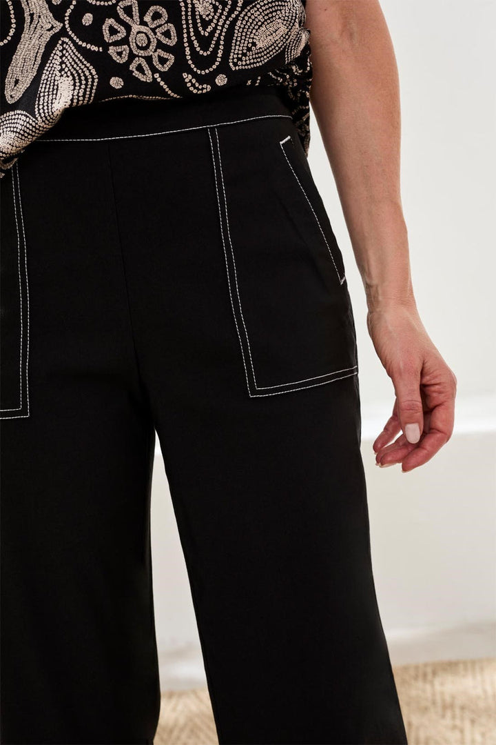 BLACK STRETCH TWILL PULL ON ANKLE PANT WITH CONTRAST STITCHING