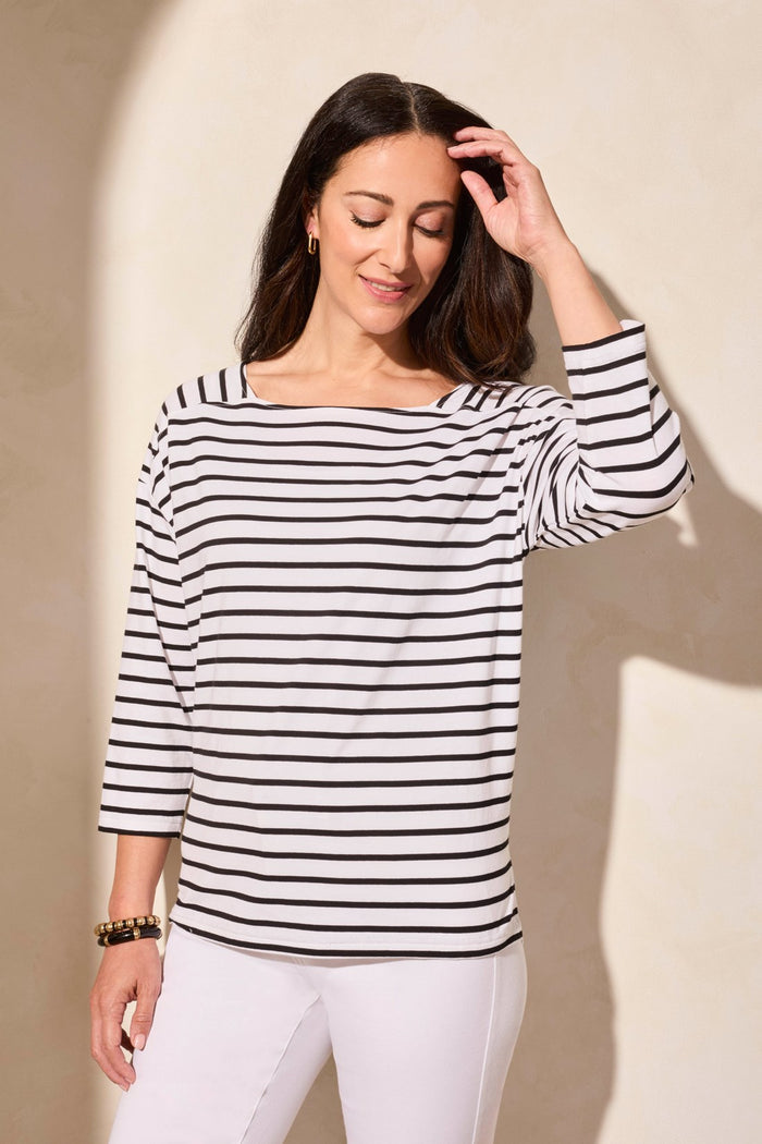 WHITE & JET BLACK STRIPE BOAT NECK KNIT TOP
