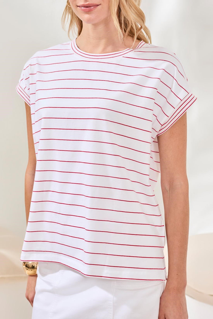 WHITE & SANGRIA STRIPE CAP SLEEVE JERSEY KNIT TOP