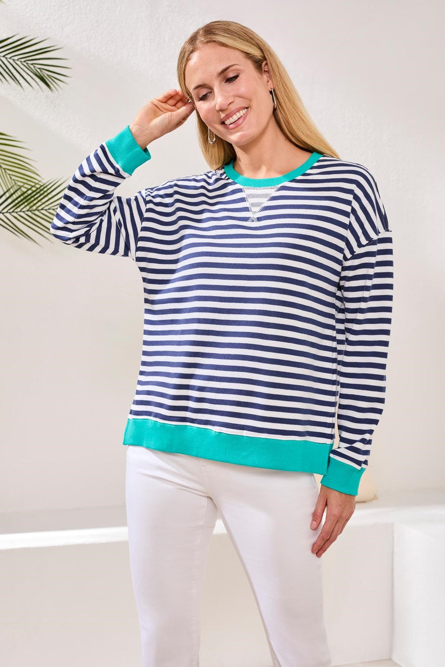 JET BLUE COMBO STRIPE KNIT TOP
