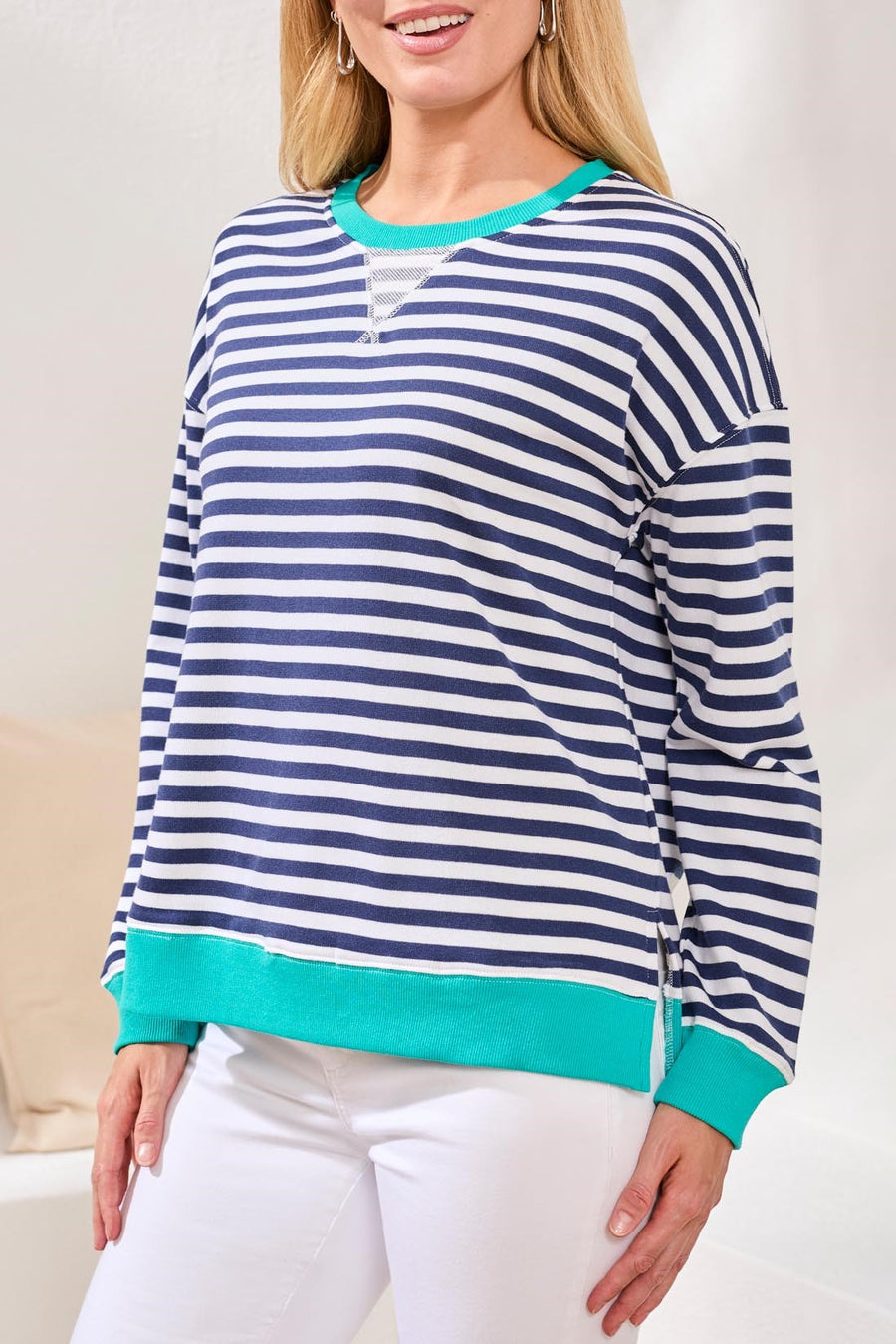 JET BLUE COMBO STRIPE KNIT TOP
