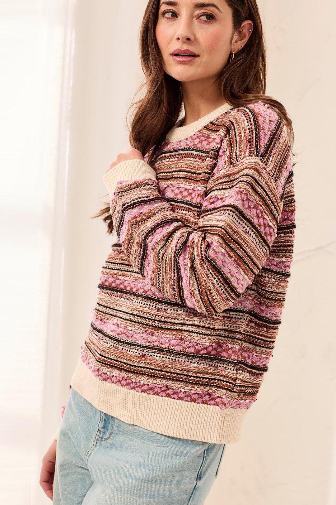 NOSTALIGA PINK TEXTURED YARN DYE STRIPE SWEATER