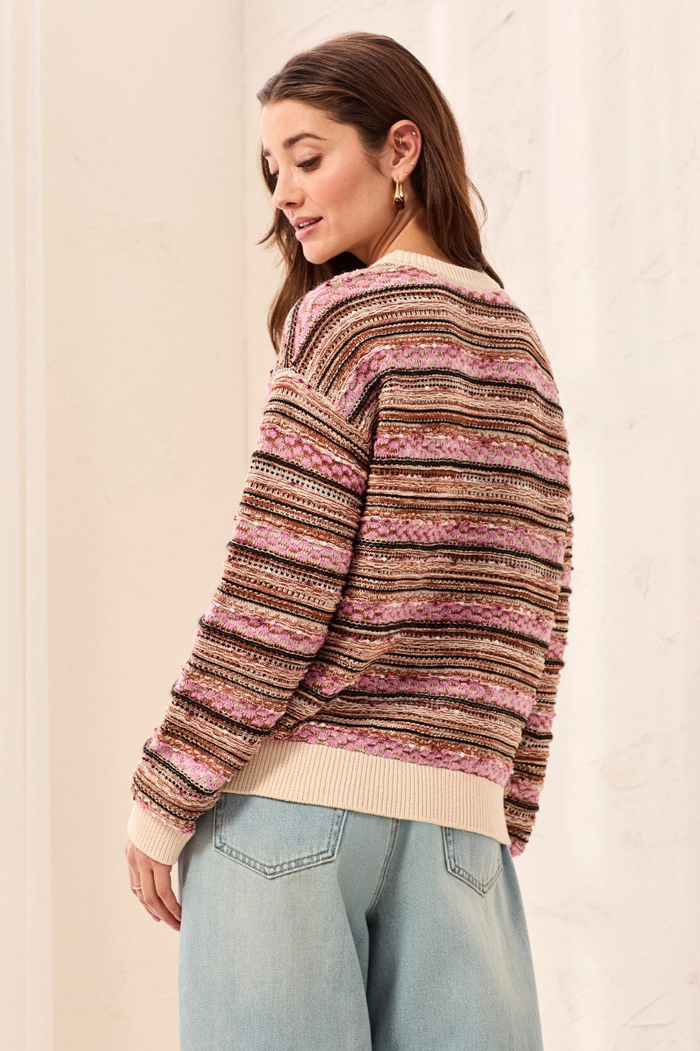 NOSTALIGA PINK TEXTURED YARN DYE STRIPE SWEATER
