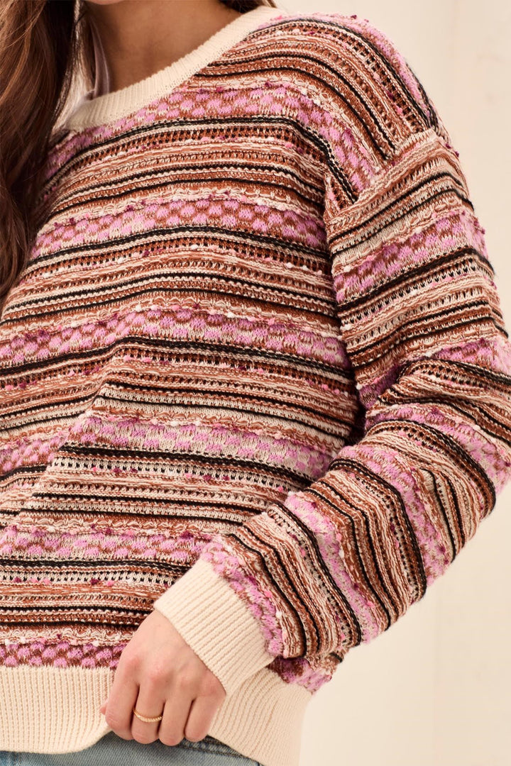 NOSTALIGA PINK TEXTURED YARN DYE STRIPE SWEATER