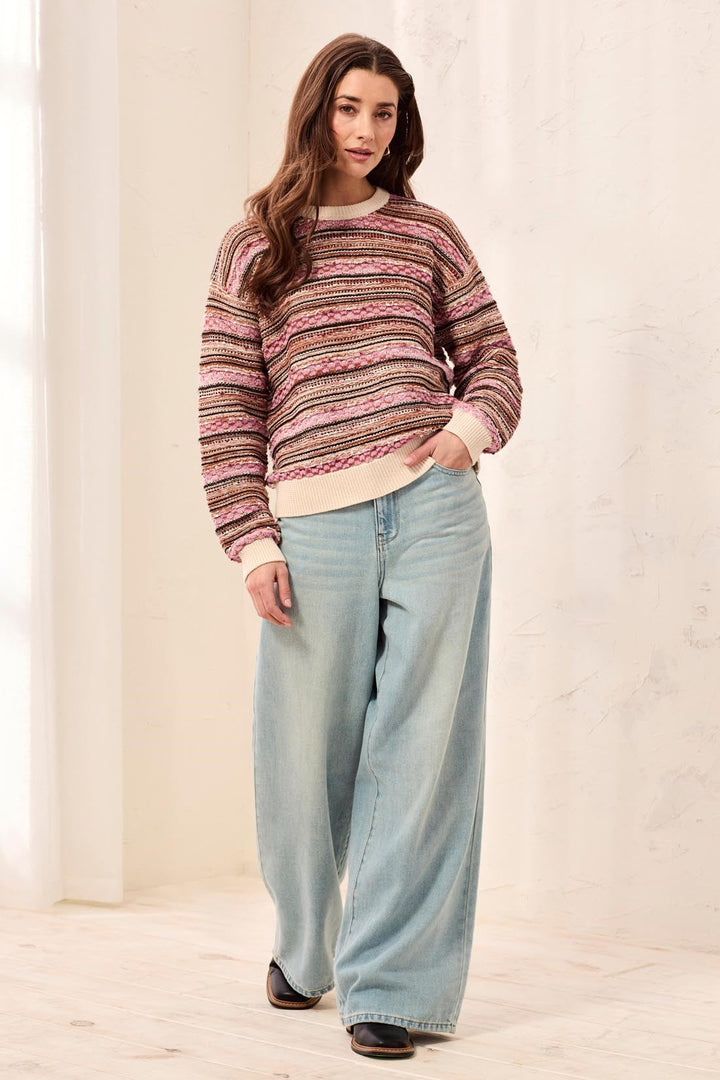NOSTALIGA PINK TEXTURED YARN DYE STRIPE SWEATER