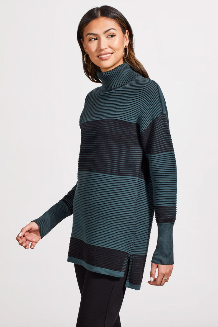 ALPINE GREEN TWO-TONE OTTOMAN TURTLENECK TUNIC SWEATER