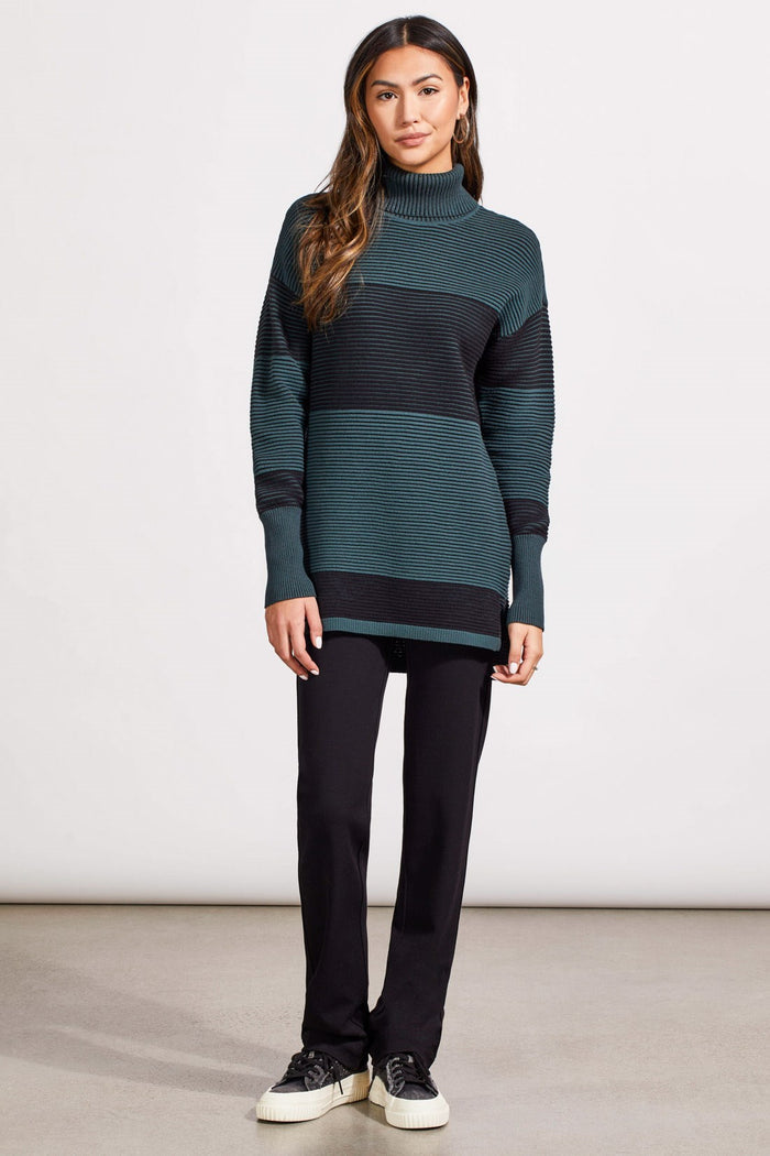 ALPINE GREEN TWO-TONE OTTOMAN TURTLENECK TUNIC SWEATER