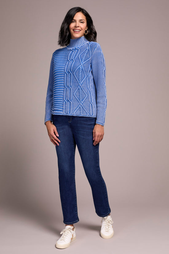 ULTRA BLUE MOCK NECK CABLE SWEATER