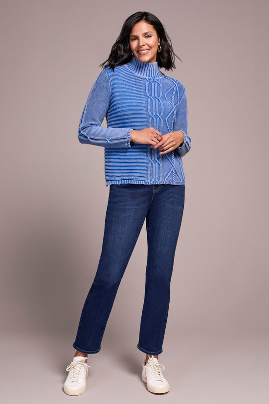 ULTRA BLUE MOCK NECK CABLE SWEATER
