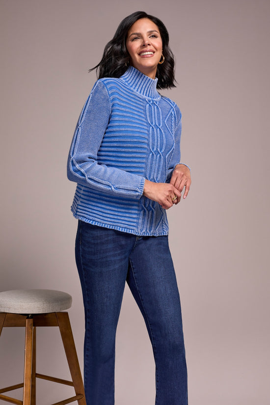 ULTRA BLUE MOCK NECK CABLE SWEATER