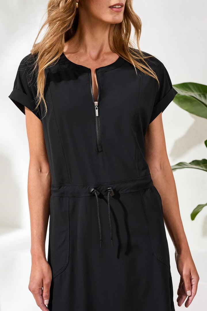 BLACK ZIP DRESS WITH DRAWCORD