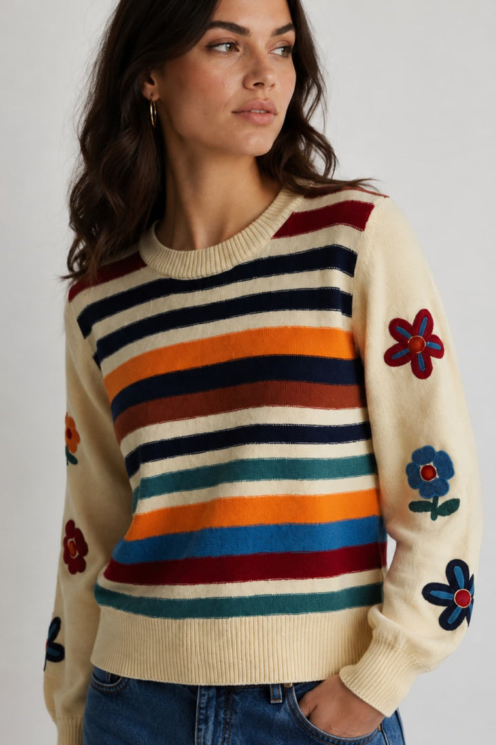 REESE STRIPE & FLOWER APLIQUE  SWEATER