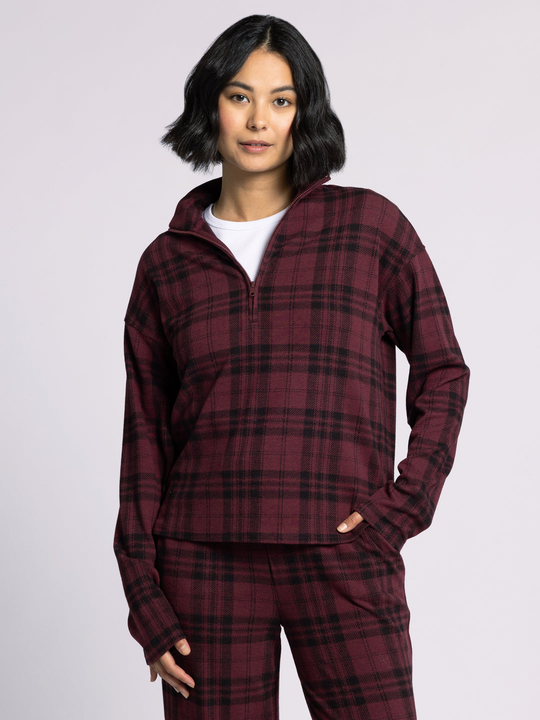 AMANI BURGUNDY PLAID 1/4 ZIP PULLOVER