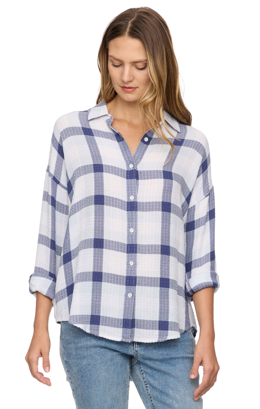 LEETONIA BLUE & WHITE PLAID BOYFRIEND SHIRT
