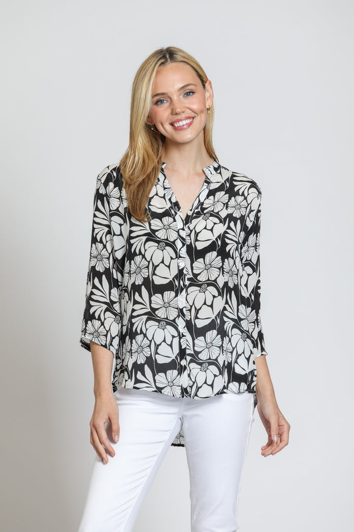 HELLO DAISY PRINT MANDARIN COLLAR BLOUSE